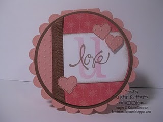 Love You
This is my first ever round card.  I was so excited i figured out how to do it.  I used my nestabilities.  the layout is for MojoMonday challenge.  The Love and U are from CTMH.  The 3 little hearts are from Love2hug set.  they were the PERFECT size for this card.  I have others that were way to big...and these were just what this card needed.  I embossed a piece of paper, then stamped the heart images on it and then cut them out. details at www.kristinscraftcorner.blogspot.com 
