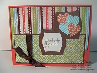Thanks 
A quick Thank you card using Love2 Hug hearts.  
You can find details on my blog at www.kristinscraftcorner.blogspot.com
