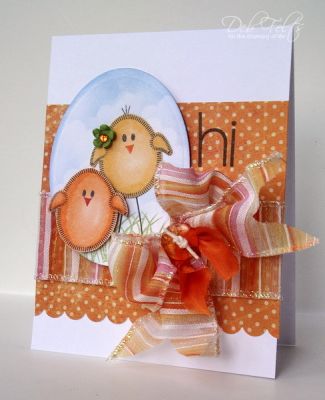 Hi!
For this spring hello, I stamped the chicks in Memento ink, colored them with Copic markers, cut them out and popped them up on foam tape. The sky is sponged with a scalloped circle.
