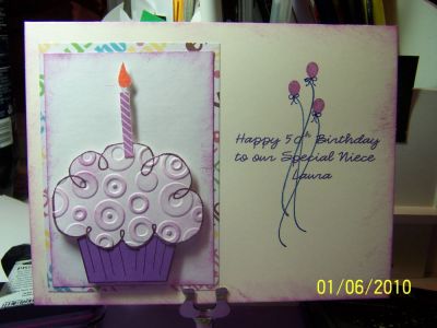 Scraplifted from my BFF Danni... hehe.  The card was a special request from a gal at work for her Neice's 50th birthday.  The font is created on a word file and the card run through the printer.  It looked a little plain, so I added the baby balloons and strings then drew my own bows on them.
