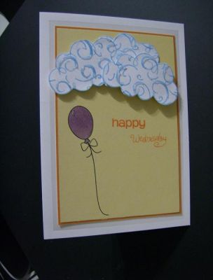 Happy Wednesday
Having trouble getting a good camera shot of the shine on this card. For the clouds, I used chalk & translucent embossing paste on a metal stencil to create the swirly look, let it dry, then stamped the clouds on it, cut out, and  adhered. The balloon was stamped directly on the card, then made to look realistic with a thick coat of Diamond Glaze (a clear dimensional lacquer). Who can't use a bit of mid-week cheer?
