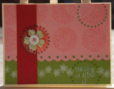 Thinking of You card
I had so much fun with this stamp set!  I think that dotted circle totally rocks and I forsee using it a lot in the future!  I embossed the circle under the flower and the sentiment "thinking of you".  Thanks for the fun stamp set and those yummy papers!

