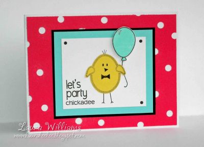 Let's Party Chickadee
I used some of the birthday stamps along with this month's Easter set.  I used a hole punch to create the polka dot background.  And I discovered that the little solid circle stamp in this month's set makes the perfect little faux brads!!
