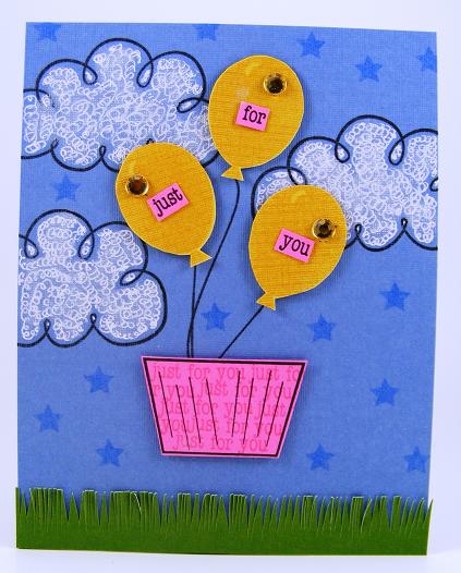 Just For You Balloons Card
January release/ HappyBday2You set.  You can make "clouds" using the top of the cupcake stamp.  The pink "basket" is the bottom of the cupcake.  :)
