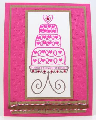 Hearts "Celebrate" Cake Card
Card features cake2build clear stamp set.  The embossing folder is by Sizzix.
Keywords: cake2build clear stamp set