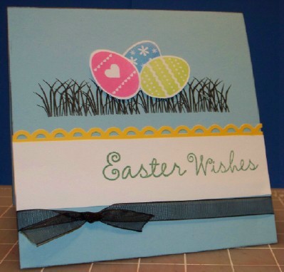 Easter card #1
Just regular cardstock in blue, white card stock with Easter wishes stamped on right side in dark green, the scallop border is from Fiskars.   
Keywords: Easter