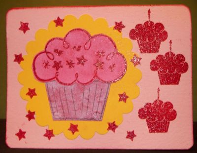 Marisa Bday
This is my 30 second in 5 minute card.  I really did start from scratch.  Not my best card ever, but it was fun to just wing it.  Pink, yellow, dark pink, and purple cardstock.  Rounded the edges and heat embossed all of the stamps.  
Keywords: 30 second in 5 card