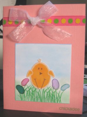 Chickadee
i used this months stamp set and with the jellybeans i used the small stamp of the bean and just used both sides of the stamp to keep it small. TFL
