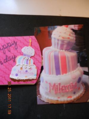 Milania's Birthday Cake
The actual cake pic. Was a friends granddaughter's B-day cake. I am in the process of making a mini scrapbook of the party for her daughter. Shhhhhh they don't know.  ;-)
Keywords: birthday, cake