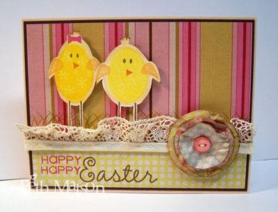 Tall Chick
For this card I stretched the chick a little out of shape when I placed it on my block so I could get a taller/thinner chick (on the left).
Keywords: easter, card, chick