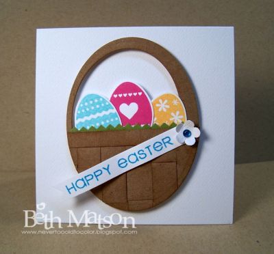 Oval Easter Basket
I made the basket with the oval Nestabilities this time instead of the circle. The card is 4 1/4 square. I used my pinking shears to create the faux grass strip in the basket.
Keywords: easter, card, square, basket