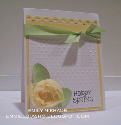 Happy Spring!
This card is quick and easy to make.  I used a ribbon flower from American Crafts and then used the solid egg stamp from the Eggs4Easter set to create the leaves.  I ran the white panel through the CB with the swiss dots folder after stamping the sentiment in black.  I used a MS punch on the Saffron panel and tied some green twill ribbon to separate the panels.

TFL!

http://emmielouwho.blogspot.com/
Keywords: CAS bunny4Easter Eggs4Easter Easter spring