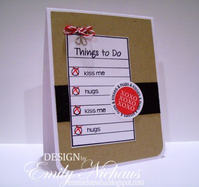 Things to Do....
Here is another card I used with stamps from the Love2hug set.  It is fun to make some Valentine cards!  Another card to slip to hubby.  This one will be for our Anniversary which is this month!

TFL!

http://emmielouwho.blogspot.com/
Keywords: love valentine love2hug