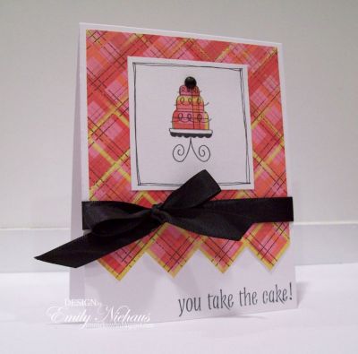 You Take The Cake!
I used some Memory Box patterned paper to piece the smaller cake in this set. I added a black Pebbles dot to the top and some satin ribbon to finish it off. The border around the cake panel is doodled with a black pen.

TFL!

http://emmielouwho.blogspot.com/
Keywords: cake2build birthday Memory Box