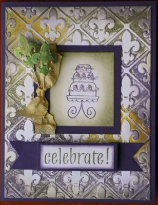 Mardi Gras Birthday
The pins....cause a few people have mentioned them....are made from the cuttle bug folder (background)....I cut 2 out, painted them with smooch ink, and then stuck them with score tape to some stick pins I had.  
Keywords: cake2build birthday