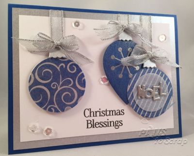 Christmas Blessings
Cardstock:  Neenah (white) and Bazzill (silver, blue and vellum)
Stamps:  ornaments4christmas and moreornaments4christmas from The Stamps of Life and Cover-a-card Dotty Pattern from Impression Obsession
Dies:  Ornament Club and Ornament Dies TWO sets from The Stamps of Life
Ink:  Avery Elle, Memento, Versamark, and Ranger Embossing Powders (silver and clear)
Ribbon:  Offray
Other:  Pretty Pink Posh Sequins

Keywords: ornaments4christmas moreornaments4christmas