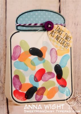 Jelly Bean Jar
Jar filled w/ jelly beans from eggs4easter stamp set. Tag created w/ small egg die and sentiment from jar4candy
Keywords: Eggs4easter jar4candy