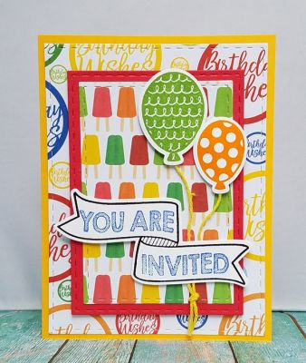 you're invited
doublebanner stamp set+ die. stitched rectangle dies. balloons to stamp and cut, papers and inks tsol.
