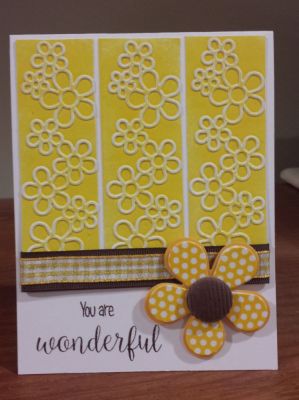 Sizzix Flower/Dots 3 pack Embossing Folder, TSOL ribbon Banana cardstock and ink
