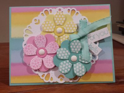 Thank You patterned paper,  Seaglass cardstock,  TSOL enamel dots,  words from Sizzix Flower and Fence Stamp and Dies
