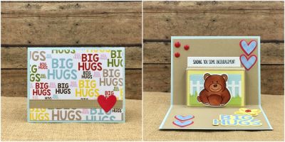 3-D Drop-in Pop-Up Big Hugs
Ribbon Border Dies, Bear Pudgie, Heart Dies, Fence Die, Border Dies, Big Hugs Card Kit Die, TSOL papers and ink
