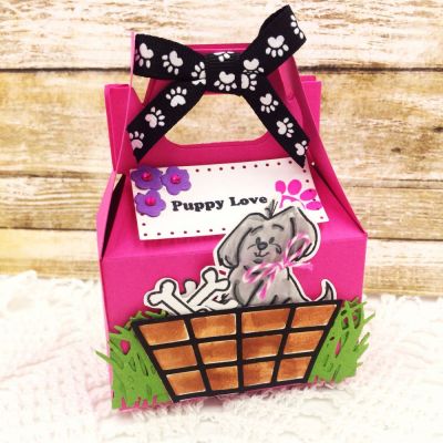 *New Puppy Gift Box
Handle Box Die, friends4cookie stamp/die set, treats4cookie,Sizzix Dotted Rectangles, Small Basket Die, Grass Die and TSOL papers & ink.
