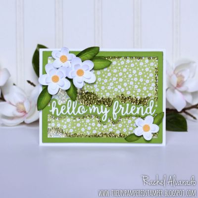 Hello My Friend
Sizzix Horizontal Sentiments Drop-ins, Sizzix Flowers & Fence Stamps & Dies (flowers and leaves), "Sunshine" Collection Patterned Paper, Shiny Yummies Embellishments - Set 1
