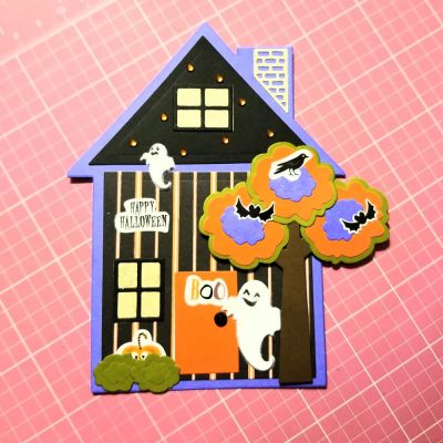 Happy Halloween 
Used the House Fold it Die.  Decorated and embellished my card with patterned cardstock, stickers, foamed stickers, gems and added a little sparkle to the windows, trees and ghosts using winkestella
Keywords: Halloween card, spooky