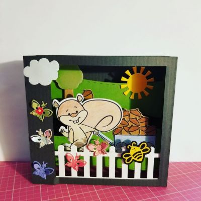 All Occasions Card Box Card
My very first box card for any occasion.  A2 standard size card.  Embellished using several sissix products. 
Keywords: All occasions card, squirrel, butterflies, spring scene