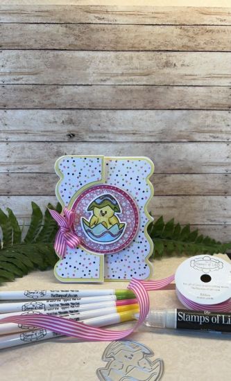 Eggs4critters 
Eggs4critters stamps & dies, fancy edge Flip-it card circle, TSOL markers, TSOL ribbon, c/s & 3-d ink
Keywords: FancyEdgeFlipit