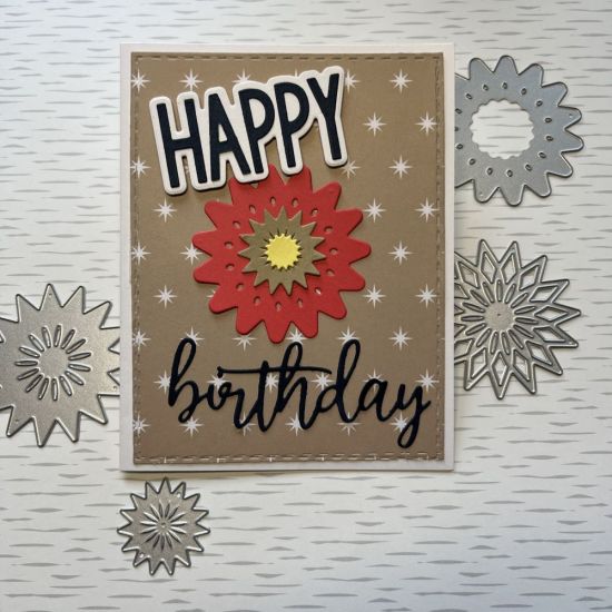 Single scallop card die set
I used the flowers from this set and paired it with the Cheerful Happy birthday word die.

