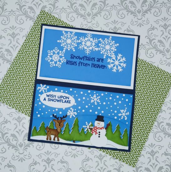 Mini Slimline Double Winter scene
Keywords: Snowman reindeer trees