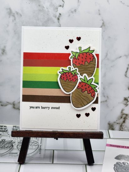 berry sweet
colored strips cut from various paper pads: strawberry, cranberry, kiwi, green apple, grass, gingersnap and chocolate.
Keywords: chocolatestrawberries2stamp