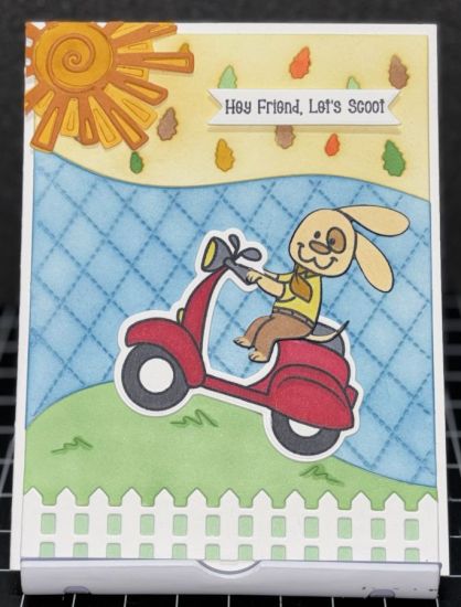 Scooter Dog Card
For this card I use the A2 Fall Tri-Background die. The party sun die set and the cute Scooter Dog die set from the on line class.
Keywords: Scooter Dog Online Class TriBackgroundDies
