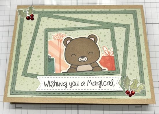 Holiday Card
A Holiday card with a bear from the Peaking Critters stamp and die set. The frame is the Tilted Rectangle A2 die, paper frame is Sage color. Sentiment is from the Elves2stamp stamp & die club set. All other paper is from my stash. :)
Keywords: Titled Rectangle Frame