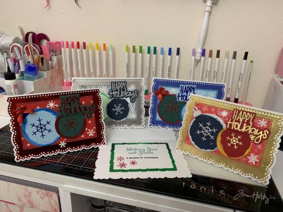 Holiday Cards
I used the 5x7 Deckle Edge card and the A1 Ornament Fold it Die set from the Festive Greetings card kit.  Inside I used the A2 Deckle Edge Frame Dies; and Wishing You and Yours from the Holiday Stamp Set.
Keywords: Christmas Cards