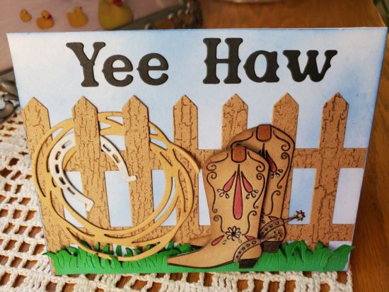 Howdy western class
Boot and horse shoe stamps and yee haw from western class. Grass from garden fence fold it. Fence is the picket fence die.
Keywords: Cowboy boots. PicketFenceFoldit HowdyWesternClass